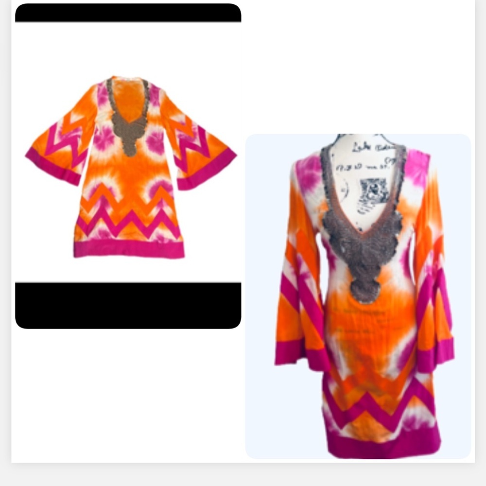 Tasha‎ London silkTunic Dress Tie Dye Pink & Orange  Beaded 
v-neck size 4